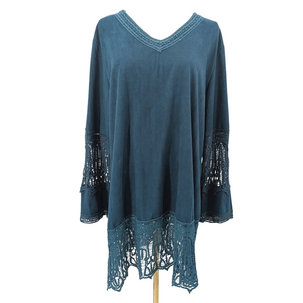 South Main Boho Lace‎ Hem Tunic Teal Green Flowy V Neck XL/XXL